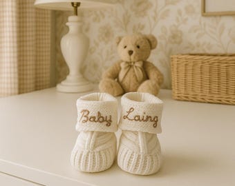 Personalised Hand Embroidered Baby Booties – White or Beige | Custom Thread Colour | 0–12 Months