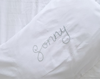 Personalised Name Pillow case |Frill pillow | hand embroidered name pillow | oxford pillowcase