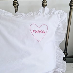 Personalised Name heart Pillow case Frill pillow hand embroidered name pillow valentine's pillowcase image 1