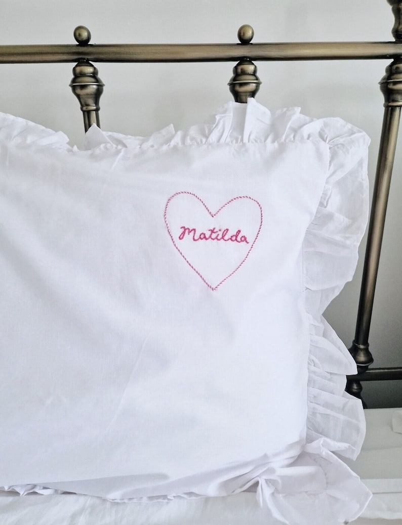 Personalised Name heart Pillow case Frill pillow hand embroidered name pillow valentine's pillowcase image 1