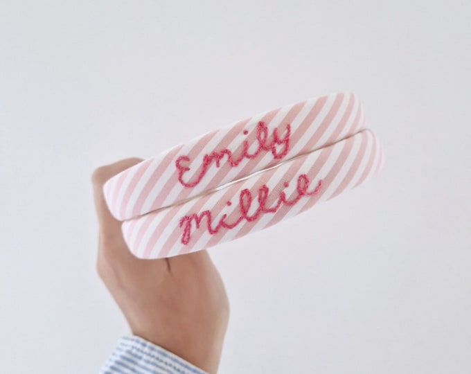 Personalised Hand Embroidered Skinny Name Headband pink stripe