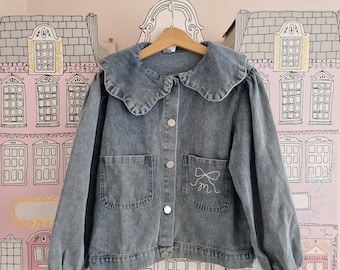 Personalised Denim jacket with frill collar and bow detail monogram