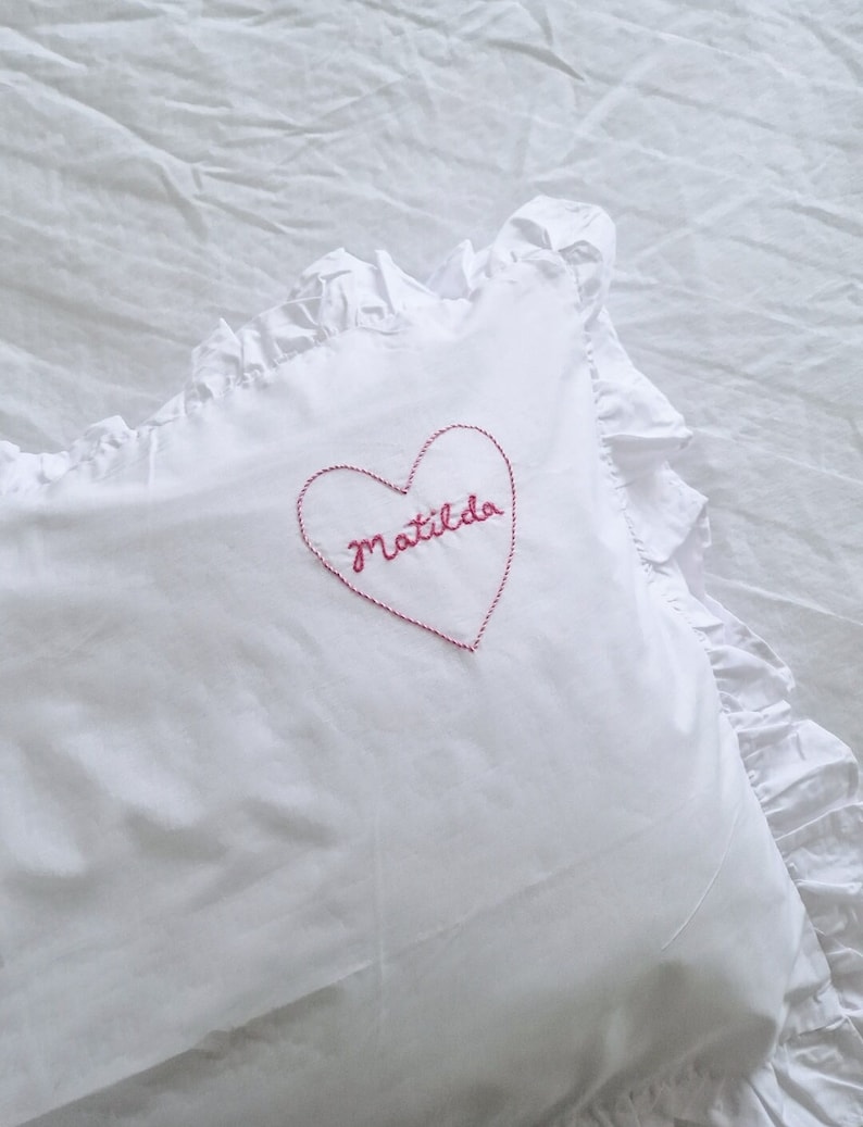 Personalised Name heart Pillow case Frill pillow hand embroidered name pillow valentine's pillowcase image 3