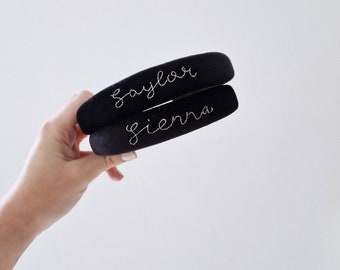 Bespoke Hand Embroidered velvet Name Headband