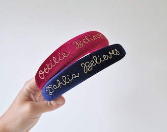 Hand Stitched Velvet Name Believes Headband | Bespoke Embroidered Hair Accessory