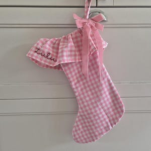 Personalised Gingham Christmas Stocking, Ruffle Christmas Stocking, Embroidered Name, Pink or Blue, Green, Red, Bright Red, Beige, Caramel