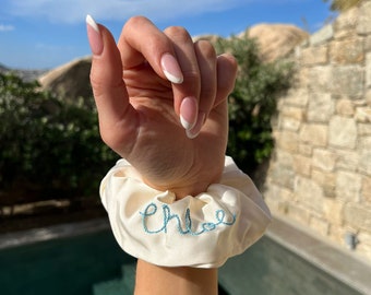 Personalised Hand Embroidered satin scrunchie