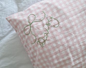 Hand Embroidered Name Pillowcase: Gingham Cotton Frill Pillow