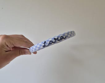 Personalised Hand Embroidered Skinny Name Headband gingham (various colours)