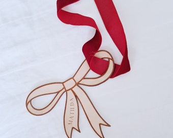 Personalised Leather bow place setting, gift tag, hanging decoration