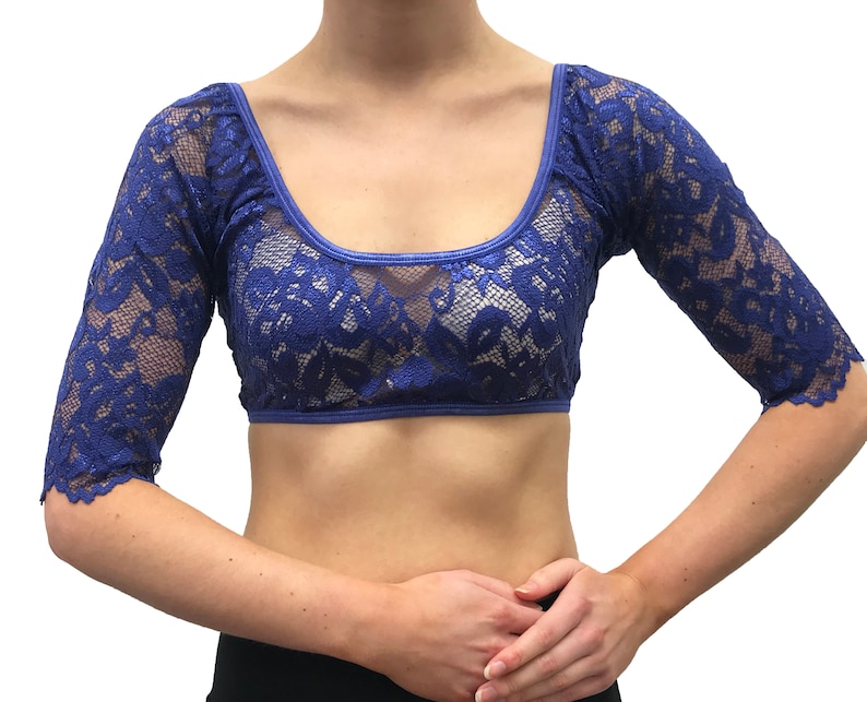 Underdress Sleeve Stretch Lace Lower Neck Elbow Sleeve Royal Blue