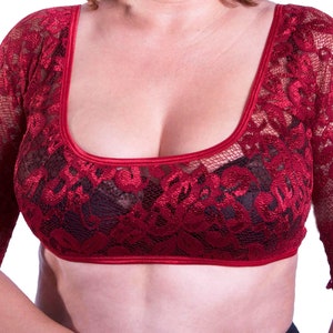 Underdress Sleeve Stretch Lace Lower Neck Elbow Sleeve Red