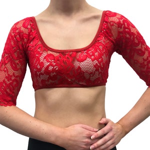 Underdress Sleeve Stretch Lace Lower Neck Elbow Sleeve Bright Red