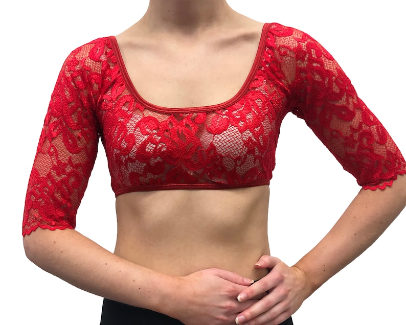 Underdress Sleeve Stretch Lace Lower Neck Elbow Sleeve Bright Red