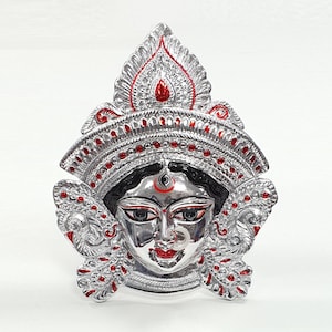 SIZE-M Goddess Durga ( Kali ) Rare Chrome / Silver Wall Hanging Face With Nose Ring