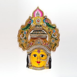 Goddess Lakshmi ( For Varalakshmi Pooja , Diwali or Wall Hanging ) Face , Stone decorated, Solid Alloy , Built to Last
