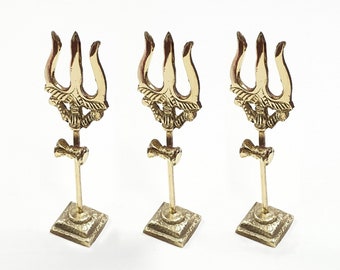 3 x Lord Shiva Brass standing Trishul ( Trident ) with attached Damaru