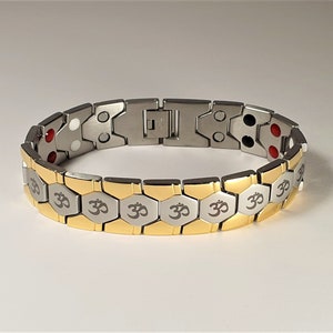 Hindu OM / AUM Logo 2 tone Silver + Gold Magnetic Bracelet with Luxury Gift Box