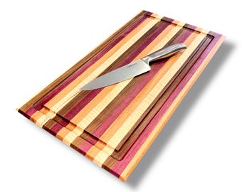 Handmade Striped Hardwood Cutting Board: Purple Heart, Walnut & Maple