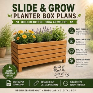 Puede incluir: Una jardinera de madera llena de flores amarillas y moradas y plantas verdes. La imagen incluye el texto "Slide & Grow Planter Box Plans" y "Build It. Plant It. Love It."