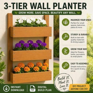 May include: A 3-tier wall planter made of wood, filled with white, purple, and orange flowers. The planter has the text "3-TIER WALL PLANTER" and "GROW MORE. SAVE SPACE. BEAUTIFY ANY WALL." Additional text includes "MAXIMIZE YOUR SPACE" and "STURDY & DURABLE."