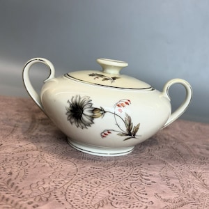 May include: A white porcelain sugar bowl with a lid and two handles. The bowl has a floral design with a brown and white flower and red accents.