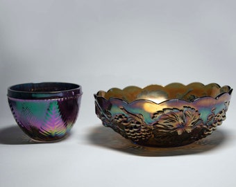 Vintage CARNIVAL GLASS BOWL Set - retro Luster glass - Purple/Amethyst Iridescent - Grape pattern - Indiana - Purple - Electric - multicolor