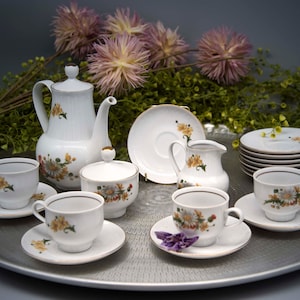 Vintage retro tea coffee set  1970s - GDR Henneberg porzellan- floral retro delicate china pot cup saucer creamer sugar bowl - GDR porcelain
