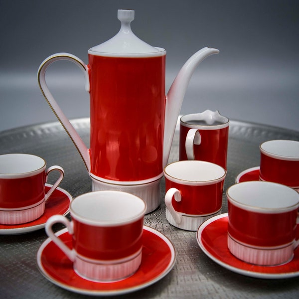 Vintage retro koffieservies uit de jaren '50 - DDR Volkstedt - retro woondecoratie - rood & wit theeservies - potkop schotel creamer - delicaat porselein