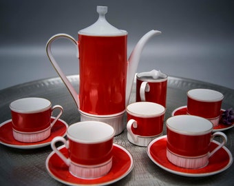 Vintage retro coffee set from the &#39;50s - GDR Volkstedt - retro home decor -red & white tea set - pot cup saucer creamer - delicate porcelain