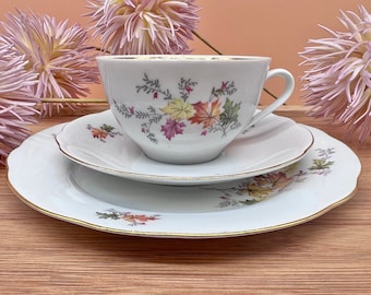 Peut inclure: Un ensemble de tasse et soucoupe en porcelaine blanche avec un motif floral de feuilles colorées. L'ensemble est orné d'une bordure dorée.