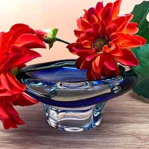 Vintage deep blue round bowl, mid-century home decor, snack dish, retro dinnerware, serving dish, retro art glass bowl, old tableware