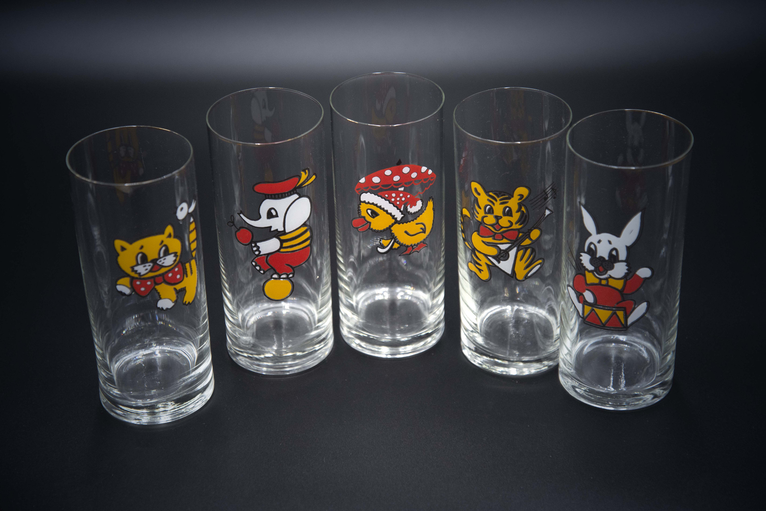Cute RETRO GLASSES for kids - vintage clear water / juice / lemonade glasses set with pictures of animals - 5 pcs - Kalinin Ussr bar ware