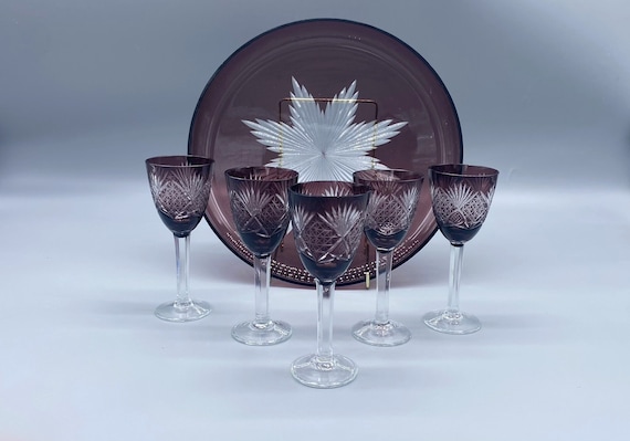 Vintage Purple Glass Liquor Set: Etched Shot Glasses & Serving Dish