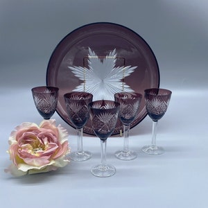 Pu&ograve; includere: Set di sei bicchieri da vino in vetro viola con un design in vetro tagliato. I bicchieri sono disposti a semicerchio su una superficie bianca con un vassoio da portata in vetro viola dietro di loro.