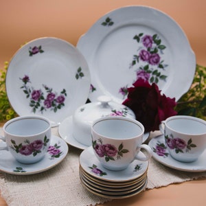 Vintage tea coffee set  1970s - GDR Kahla - rose decor - delicate china - cup & saucer, serving dishes, plates, butter dish- retro porcelain