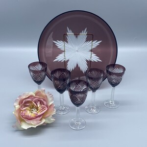 Pu&ograve; includere: Set di sei bicchieri da shot in vetro viola con un design in vetro tagliato. I bicchieri sono disposti in cerchio attorno a un piatto viola con un design a stella bianca.