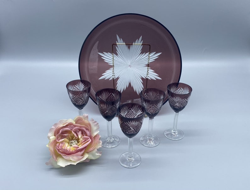 Pu&ograve; includere: Set di sei bicchieri da shot in vetro viola con un design in vetro tagliato. I bicchieri sono disposti in cerchio attorno a un piatto viola con un design a stella bianca.