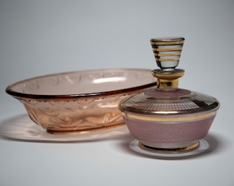 Vintage set of DECANTER and BOWL - retro glassware - mid-century home decor - vintage barware - pink glass carafe and dish - unique pattern