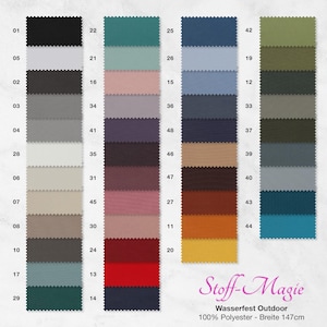 May include: A color swatch chart featuring four vertical columns of numbered fabric samples in various shades including black, gray, blue, green, red, and yellow. The text reads Stoff-Magie, Wasserfest Outdoor, 100% Polyester, Breite 147cm.