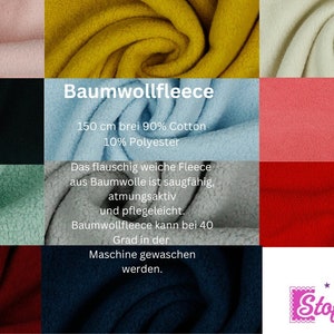 Könnte beinhalten: Baumwollfleece in verschiedenen Farben. Der Stoff besteht aus 90% Baumwolle und 10% Polyester. Der Stoff ist 150 cm breit und kann bei 40 Grad Celsius in der Maschine gewaschen werden.