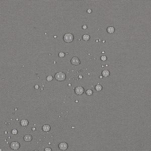 May include: A close-up view of a solid gray fabric surface featuring a tight, woven texture. Numerous clear water droplets are scattered across the material, demonstrating a water-repellent quality as they bead up on the surface.
