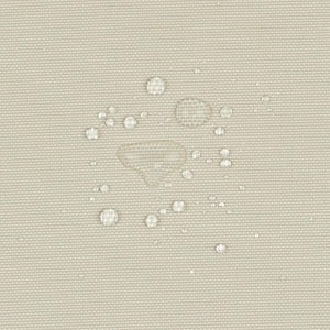 May include: A light beige, tightly woven fabric surface featuring a grid-like texture. Several clear water droplets of varying sizes are scattered across the center of the material, resting on top of the fabric weave without soaking in.