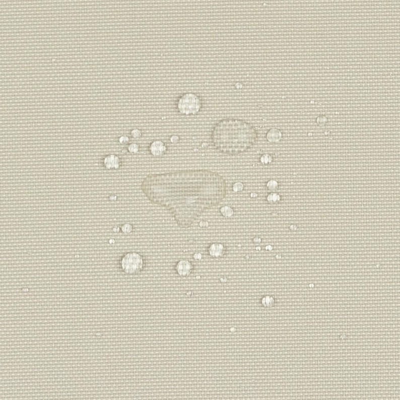 May include: A light beige, tightly woven fabric surface featuring a grid-like texture. Several clear water droplets of varying sizes are scattered across the center of the material, resting on top of the fabric weave without soaking in.