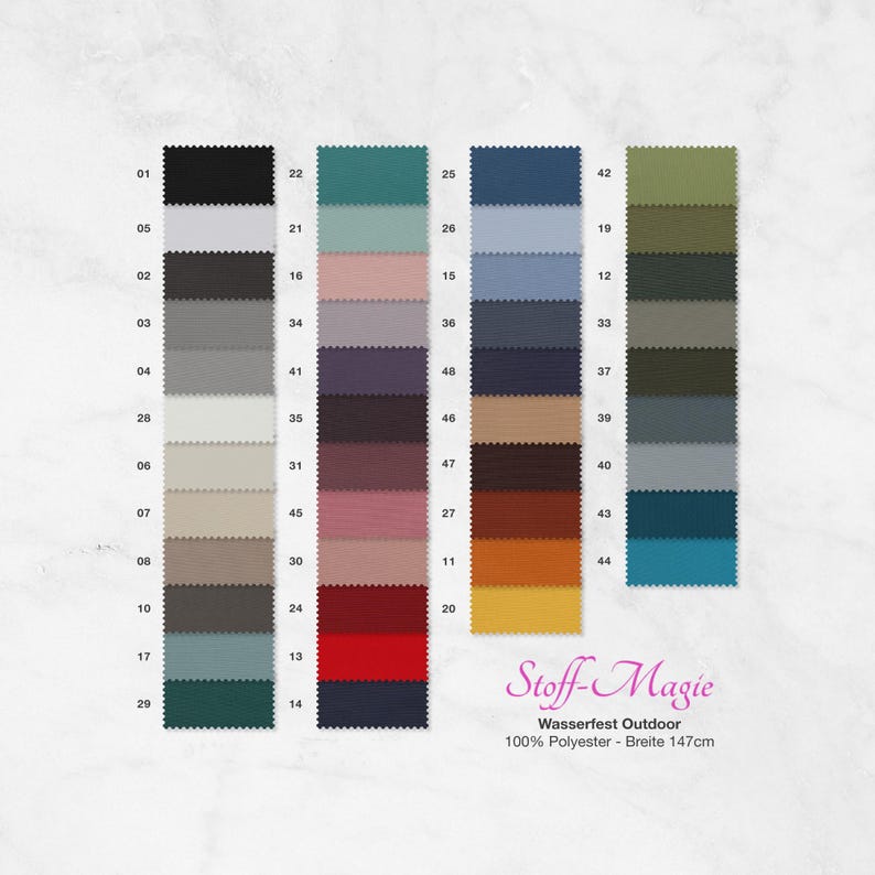 May include: A color swatch chart featuring four vertical columns of numbered fabric samples in various shades including black, gray, blue, green, red, and yellow. The text reads Stoff-Magie, Wasserfest Outdoor, 100% Polyester, Breite 147cm.