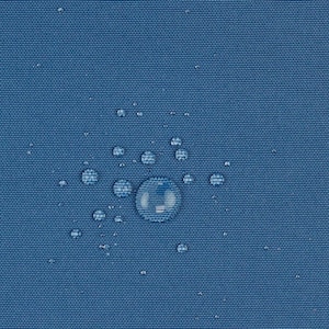 May include: A solid blue fabric with a tight, woven texture featuring multiple clear water droplets of varying sizes scattered across the surface, demonstrating a water-repellent quality on the material's exterior.