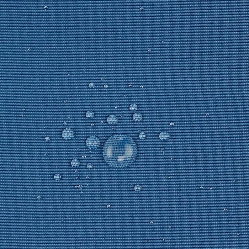 May include: A solid blue fabric with a tight, woven texture featuring multiple clear water droplets of varying sizes scattered across the surface, demonstrating a water-repellent quality on the material's exterior.
