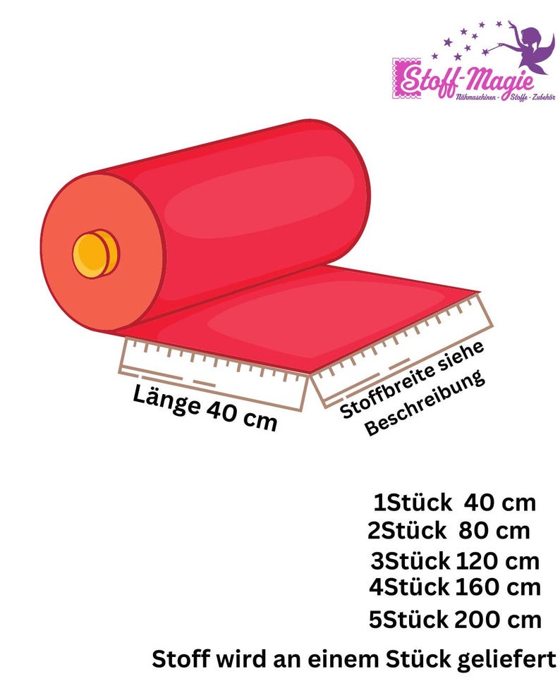 May include: A red fabric roll with a yellow center core. A white ruler graphic indicates a length of 40 cm. Text includes: L&auml;nge 40 cm, Stoffbreite siehe Beschreibung, 1St&uuml;ck 40 cm, 2St&uuml;ck 80 cm, 3St&uuml;ck 120 cm, 4St&uuml;ck 160 cm, 5St&uuml;ck 200 cm, Stoff wird an einem St&uuml;ck geliefert.