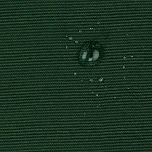 May include: A dark green fabric with a visible woven texture. Several clear water droplets are scattered across the surface, with one larger droplet prominently displayed near the center, reflecting light on the dark material.