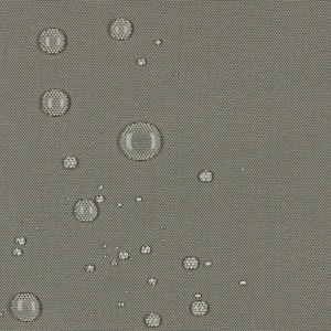 May include: A close-up view of a solid, neutral gray fabric with a visible woven texture. Numerous clear water droplets of varying sizes are scattered across the surface, creating a beaded effect on the water-resistant material.